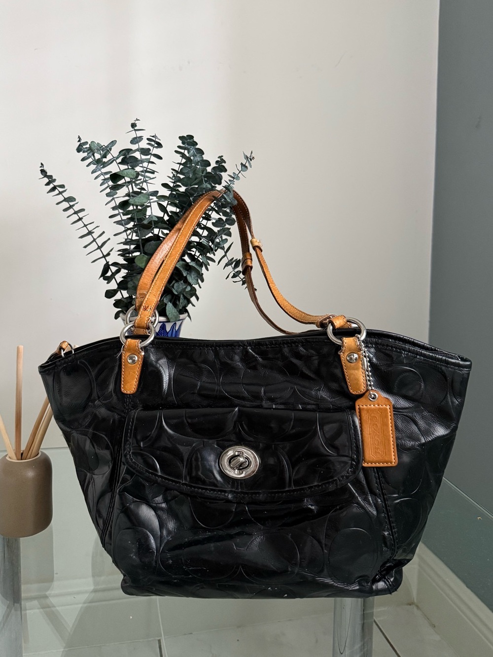 Coach Signature Leah Embossed Patent Leather Shoulder Tote Bag